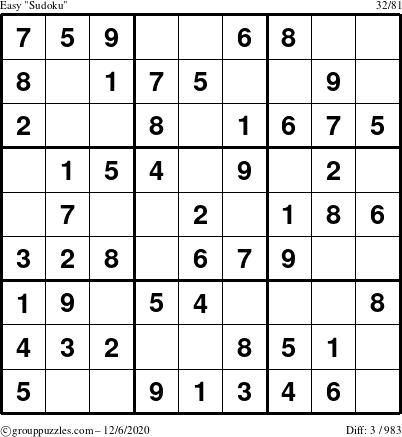 The grouppuzzles.com Easy Sudoku puzzle for Sunday December 6, 2020