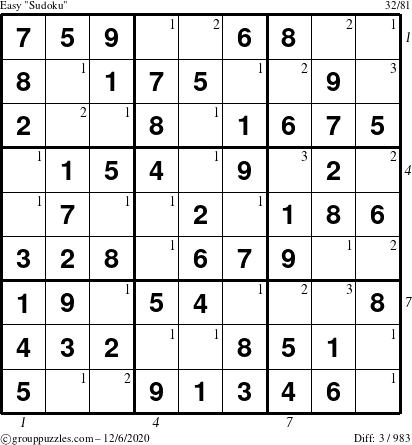 The grouppuzzles.com Easy Sudoku puzzle for Sunday December 6, 2020 with all 3 steps marked