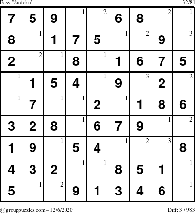 The grouppuzzles.com Easy Sudoku puzzle for Sunday December 6, 2020 with the first 3 steps marked