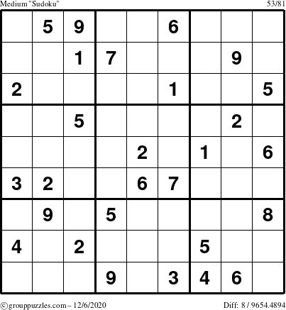 The grouppuzzles.com Medium Sudoku puzzle for Sunday December 6, 2020