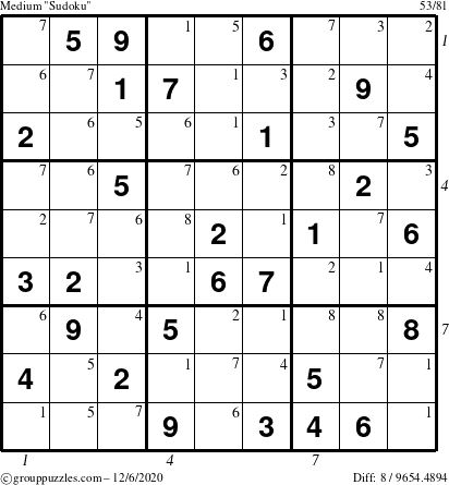 The grouppuzzles.com Medium Sudoku puzzle for Sunday December 6, 2020 with all 8 steps marked