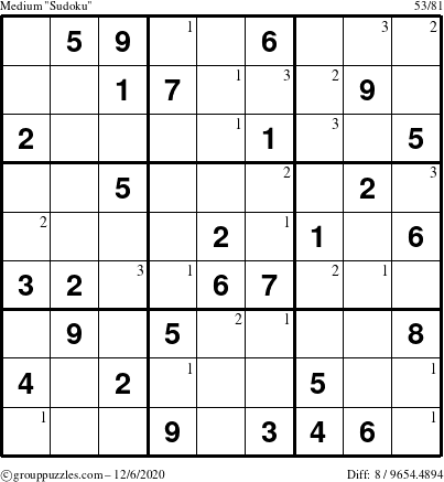 The grouppuzzles.com Medium Sudoku puzzle for Sunday December 6, 2020 with the first 3 steps marked