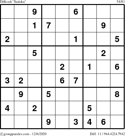 The grouppuzzles.com Difficult Sudoku puzzle for Sunday December 6, 2020