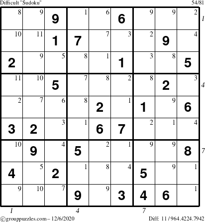 The grouppuzzles.com Difficult Sudoku puzzle for Sunday December 6, 2020 with all 11 steps marked