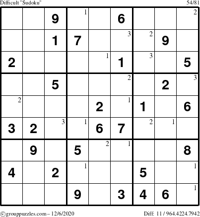 The grouppuzzles.com Difficult Sudoku puzzle for Sunday December 6, 2020 with the first 3 steps marked