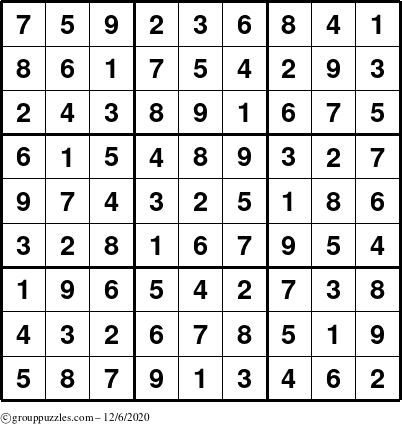 The grouppuzzles.com Answer grid for the Sudoku puzzle for Sunday December 6, 2020