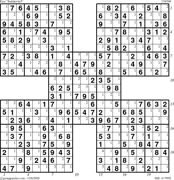 The grouppuzzles.com Easy Sudoku-by5 puzzle for Sunday December 6, 2020 with all 4 steps marked