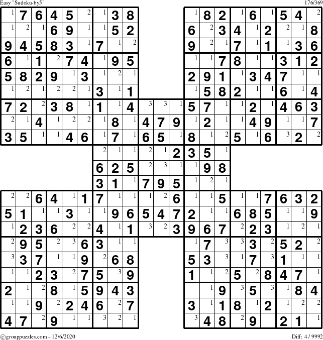 The grouppuzzles.com Easy Sudoku-by5 puzzle for Sunday December 6, 2020 with the first 3 steps marked