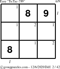 The grouppuzzles.com Easy TicTac-789 puzzle for Sunday December 6, 2020 with all 2 steps marked