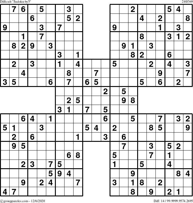 The grouppuzzles.com Difficult Sudoku-by5 puzzle for Sunday December 6, 2020