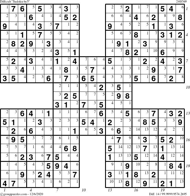 The grouppuzzles.com Difficult Sudoku-by5 puzzle for Sunday December 6, 2020 with all 14 steps marked