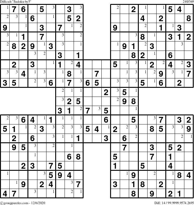 The grouppuzzles.com Difficult Sudoku-by5 puzzle for Sunday December 6, 2020 with the first 3 steps marked