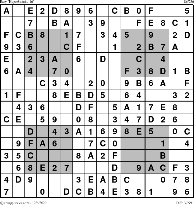 The grouppuzzles.com Easy HyperSudoku-16 puzzle for Sunday December 6, 2020