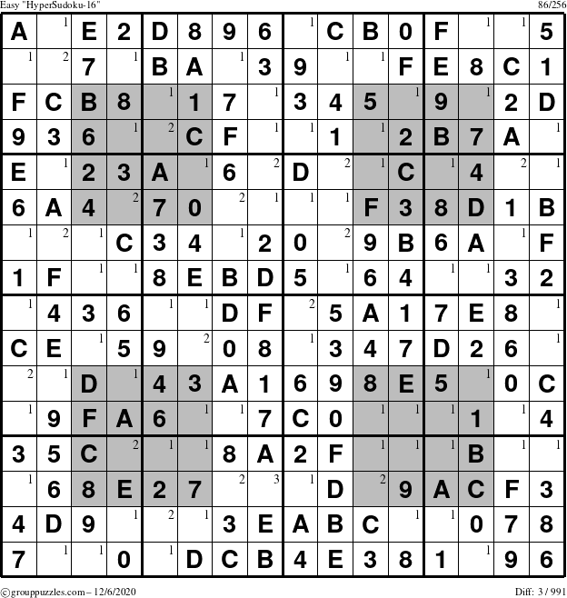 The grouppuzzles.com Easy HyperSudoku-16 puzzle for Sunday December 6, 2020 with the first 3 steps marked