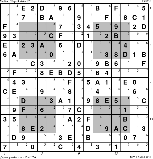 The grouppuzzles.com Medium HyperSudoku-16 puzzle for Sunday December 6, 2020, suitable for printing, with all 8 steps marked