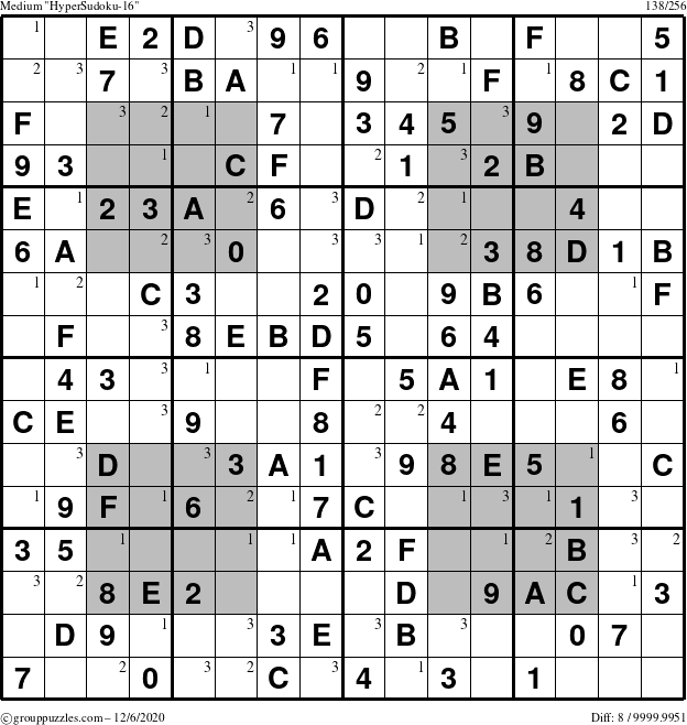 The grouppuzzles.com Medium HyperSudoku-16 puzzle for Sunday December 6, 2020 with the first 3 steps marked