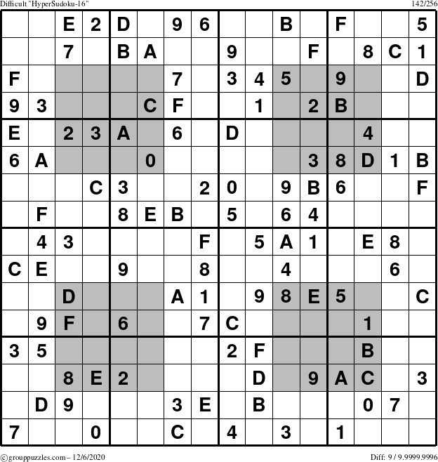 The grouppuzzles.com Difficult HyperSudoku-16 puzzle for Sunday December 6, 2020