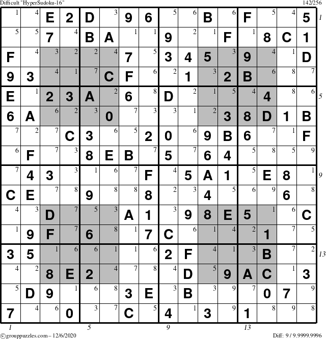 The grouppuzzles.com Difficult HyperSudoku-16 puzzle for Sunday December 6, 2020, suitable for printing, with all 9 steps marked