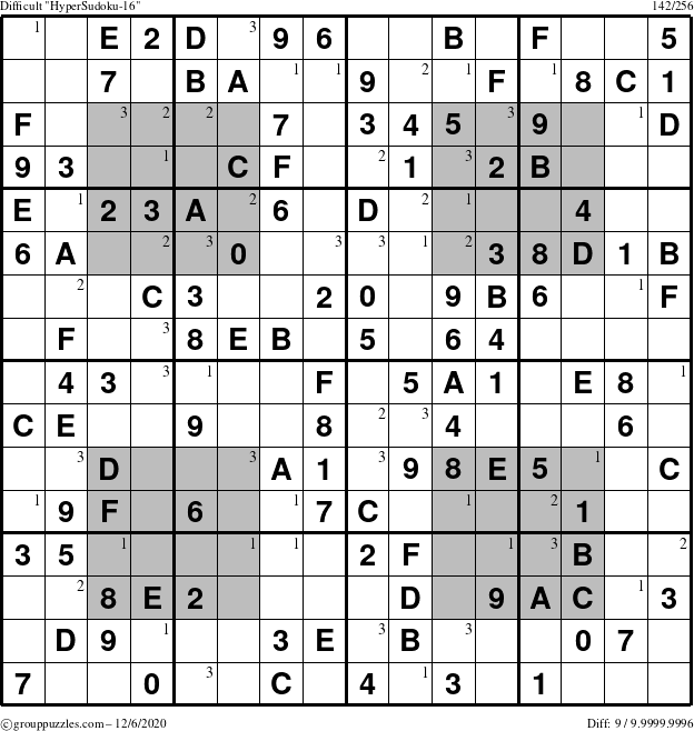 The grouppuzzles.com Difficult HyperSudoku-16 puzzle for Sunday December 6, 2020 with the first 3 steps marked