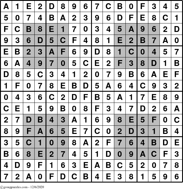 The grouppuzzles.com Answer grid for the HyperSudoku-16 puzzle for Sunday December 6, 2020