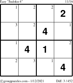 The grouppuzzles.com Easy Sudoku-4 puzzle for Tuesday January 12, 2021 with the first 3 steps marked