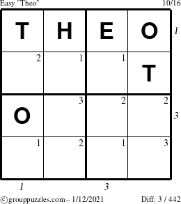 The grouppuzzles.com Easy Theo puzzle for Tuesday January 12, 2021 with all 3 steps marked