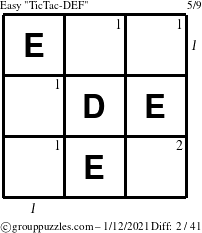 The grouppuzzles.com Easy TicTac-DEF puzzle for Tuesday January 12, 2021 with all 2 steps marked