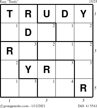 The grouppuzzles.com Easy Trudy puzzle for Tuesday January 12, 2021 with all 4 steps marked