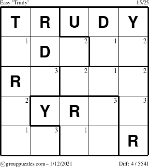 The grouppuzzles.com Easy Trudy puzzle for Tuesday January 12, 2021 with the first 3 steps marked