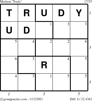 The grouppuzzles.com Medium Trudy puzzle for Tuesday January 12, 2021 with all 6 steps marked