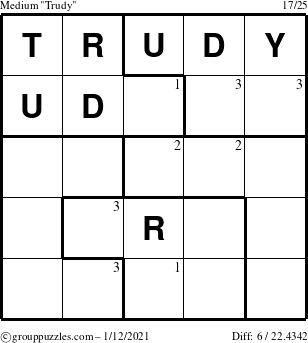 The grouppuzzles.com Medium Trudy puzzle for Tuesday January 12, 2021 with the first 3 steps marked