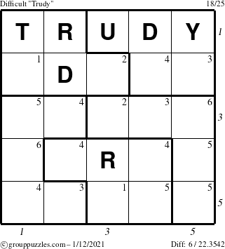 The grouppuzzles.com Difficult Trudy puzzle for Tuesday January 12, 2021, suitable for printing, with all 6 steps marked