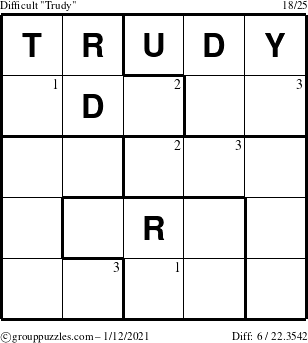 The grouppuzzles.com Difficult Trudy puzzle for Tuesday January 12, 2021 with the first 3 steps marked