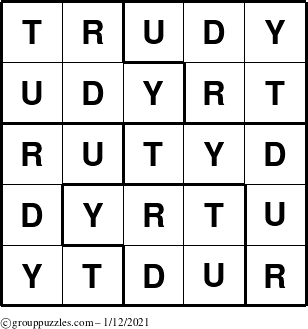 The grouppuzzles.com Answer grid for the Trudy puzzle for Tuesday January 12, 2021