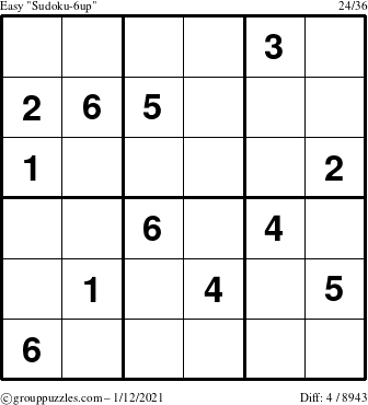 The grouppuzzles.com Easy Sudoku-6up puzzle for Tuesday January 12, 2021