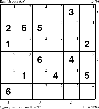 The grouppuzzles.com Easy Sudoku-6up puzzle for Tuesday January 12, 2021 with all 4 steps marked