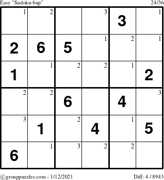 The grouppuzzles.com Easy Sudoku-6up puzzle for Tuesday January 12, 2021 with the first 3 steps marked