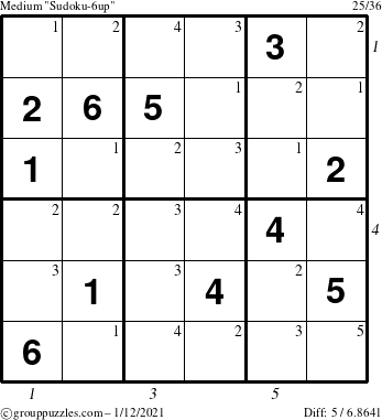 The grouppuzzles.com Medium Sudoku-6up puzzle for Tuesday January 12, 2021 with all 5 steps marked