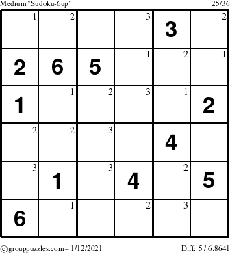 The grouppuzzles.com Medium Sudoku-6up puzzle for Tuesday January 12, 2021 with the first 3 steps marked