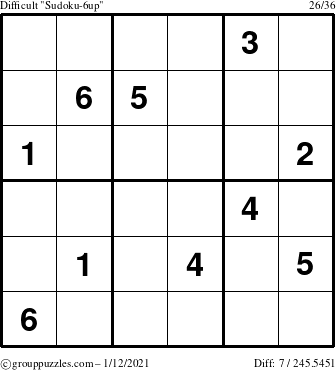 The grouppuzzles.com Difficult Sudoku-6up puzzle for Tuesday January 12, 2021