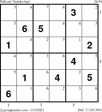 The grouppuzzles.com Difficult Sudoku-6up puzzle for Tuesday January 12, 2021 with all 7 steps marked