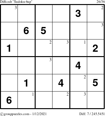 The grouppuzzles.com Difficult Sudoku-6up puzzle for Tuesday January 12, 2021 with the first 3 steps marked