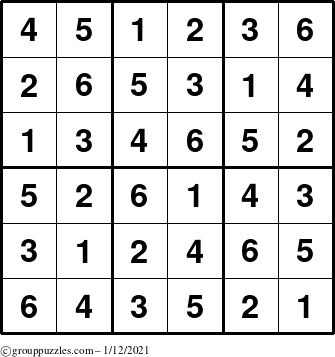 The grouppuzzles.com Answer grid for the Sudoku-6up puzzle for Tuesday January 12, 2021