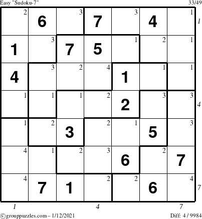 The grouppuzzles.com Easy Sudoku-7 puzzle for Tuesday January 12, 2021, suitable for printing, with all 4 steps marked