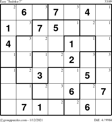 The grouppuzzles.com Easy Sudoku-7 puzzle for Tuesday January 12, 2021 with the first 3 steps marked