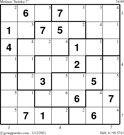 The grouppuzzles.com Medium Sudoku-7 puzzle for Tuesday January 12, 2021 with all 6 steps marked