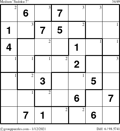 The grouppuzzles.com Medium Sudoku-7 puzzle for Tuesday January 12, 2021 with the first 3 steps marked