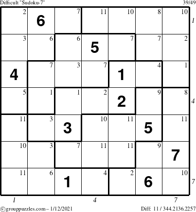 The grouppuzzles.com Difficult Sudoku-7 puzzle for Tuesday January 12, 2021 with all 11 steps marked