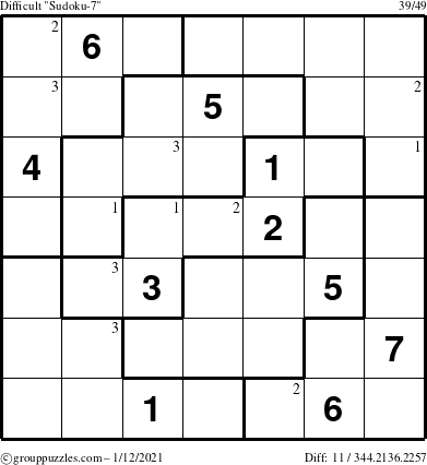 The grouppuzzles.com Difficult Sudoku-7 puzzle for Tuesday January 12, 2021 with the first 3 steps marked