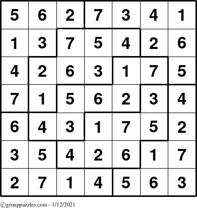 The grouppuzzles.com Answer grid for the Sudoku-7 puzzle for Tuesday January 12, 2021